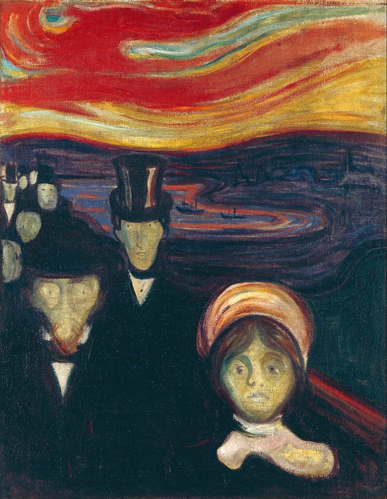 Painting entitled 'Anxiety' painted by Edvard Munch.